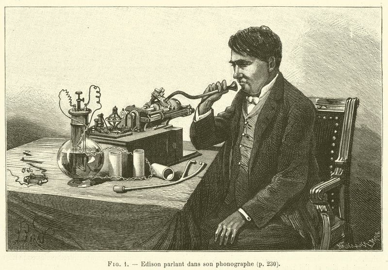 Edison parlant dans son phonographe (engraving) 作者 法语学校