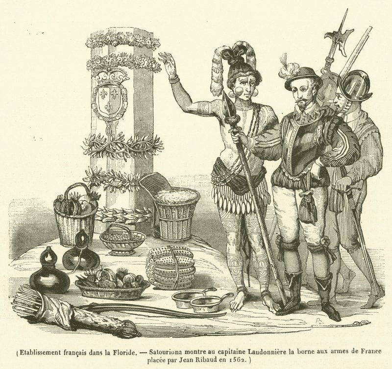 Etablissement francais dans la Floride, Satouriona montre au capitaine Laudonniere la borne aux armes de France placee par Jean Ribaud en 1562 (engraving) 作者 法语学校