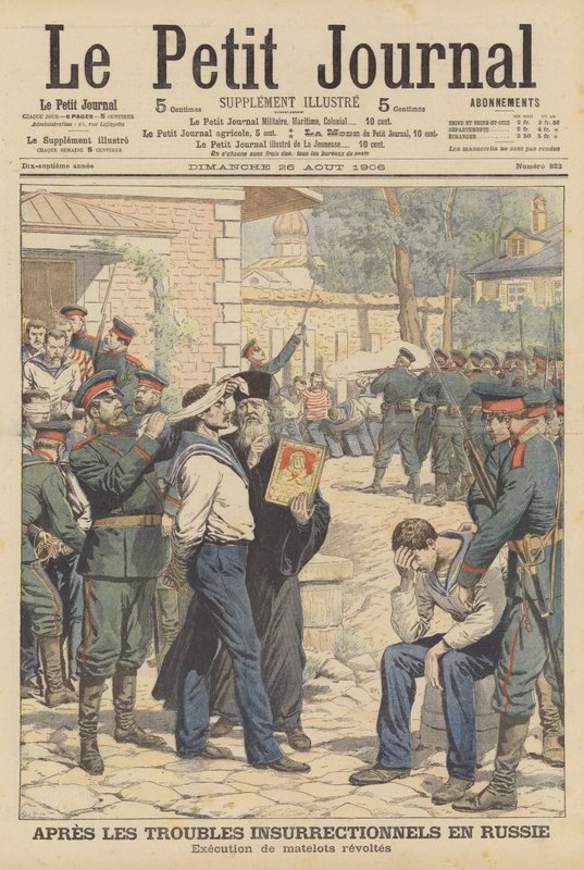 1906年8月处决叛变的俄罗斯水兵（彩色平版印刷）。 作者 法语学校