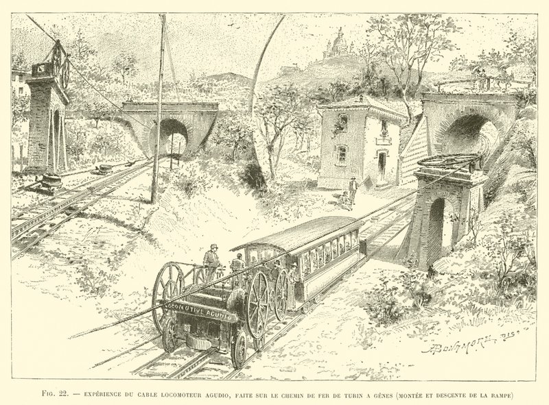 Experience du Cable Locomoteur Agudio, Faite sur le Chemin de Fer de Turin a Genes, Montee et Descente de la Rampe (engraving) 作者 法语学校