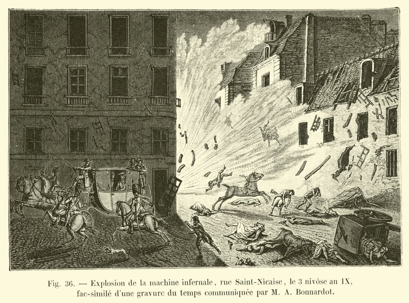爆炸的地狱机器，rue Saint-Nicaise，3 Nivose年IX，由MA Bonnardot传达的时间雕刻的简洁 作者 法语学校