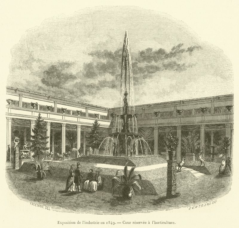 1849年的工业展览会，为园艺保留的法庭（雕刻）。 作者 法语学校