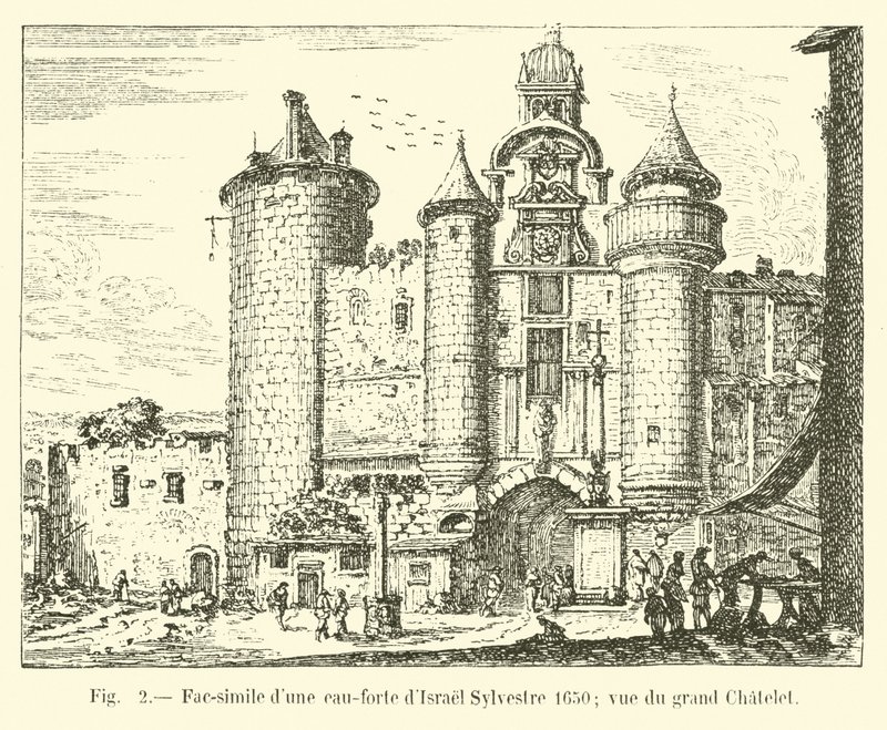 传真蚀刻Isreal Sylvester 1650; Grand Chatelet的景色 作者 法语学校