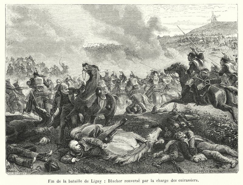 Fin de la bataille de Ligny, Blucher renverse par la charge des cuirassiers (engraving) 作者 法语学校