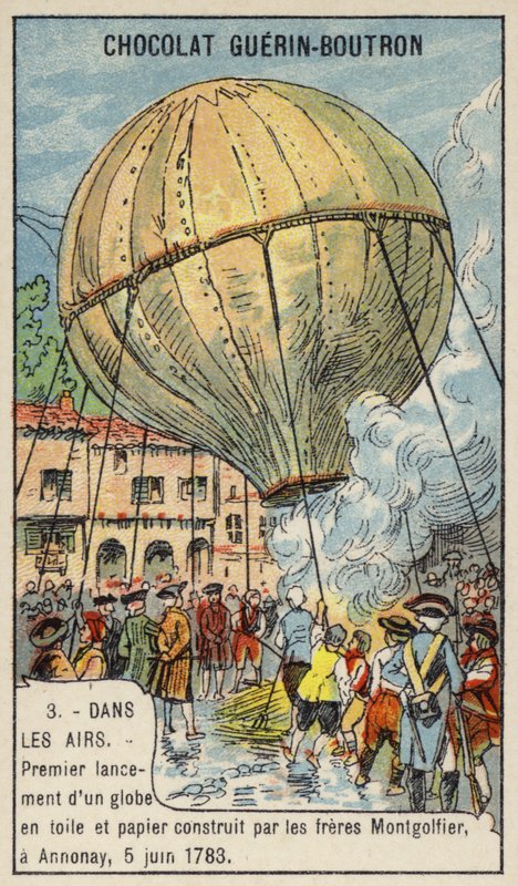 First launch of a hot air balloon by the Montgolfier Brothers, Annonay, France, 5 June 1783 (chromolitho) 作者 法语学校