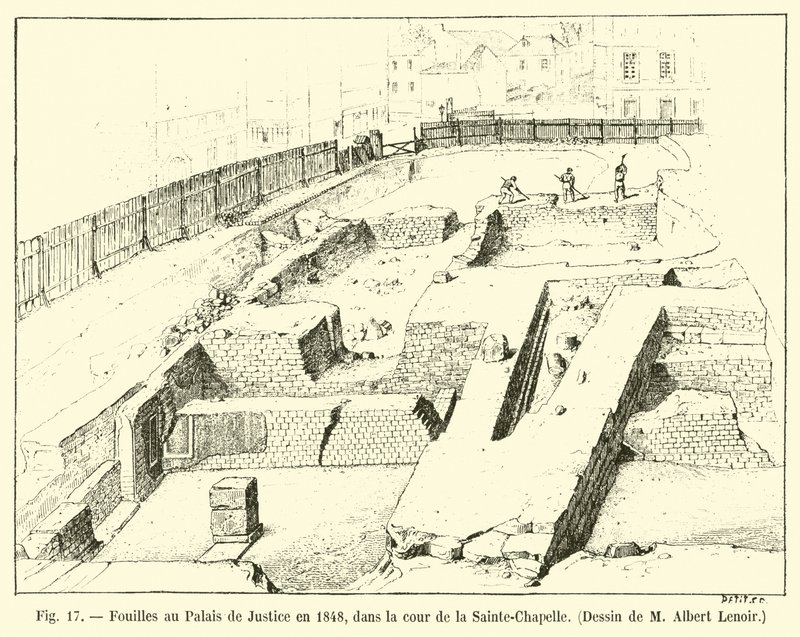 1848年在法院大楼的挖掘，在Sainte-Chapelle的庭院里，由Albert Lenoir绘制 作者 法语学校