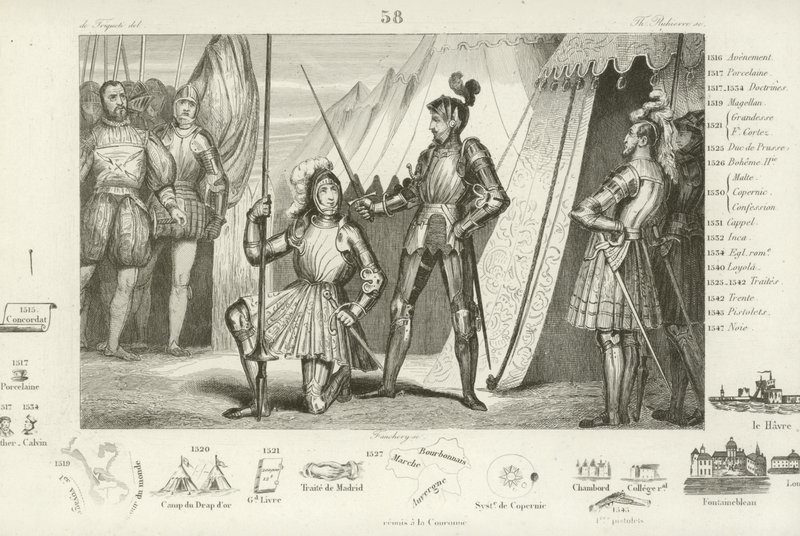 法国的弗朗西斯一世要求在1515年意大利马里尼亚诺战役胜利后被骑士贝亚德封为爵士 作者 法语学校