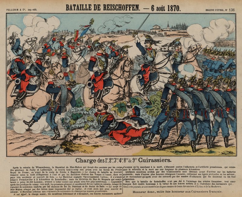 1870 年 8 月 6 日，普法战争，普法战争中，法国胸甲骑兵向普鲁士步兵冲锋（彩色版画） 作者 法语学校