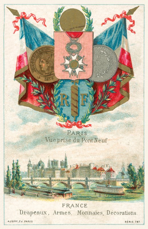 French flags, arms, coins and decorations and a view of Paris from the Pont Neuf (chromolitho) 作者 法语学校