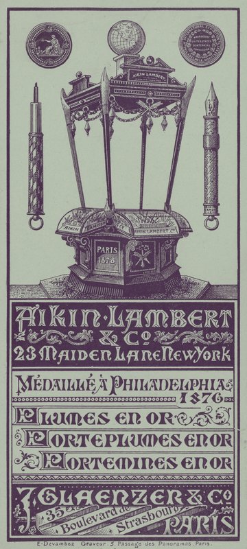French trade card advertising Aikin Lambert pens, penholders and propelling pencils (litho) 作者 法语学校
