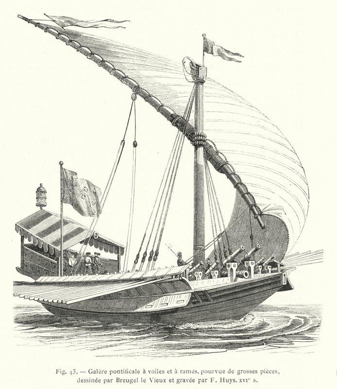 Galere pontificale a voiles et a rames, pourvue de grosses pieces, dessinee par Breugel le Vieux et gravee par F Huys, XVIe s (engraving) 作者 法语学校