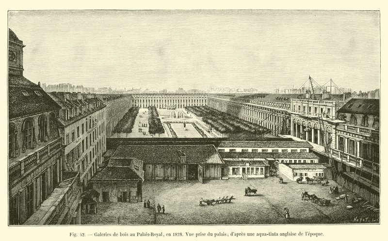皇宫（Palais Royal）的木制画廊，于1828年，从宫殿中取出的视图，来自当时的英国水族馆 作者 法语学校