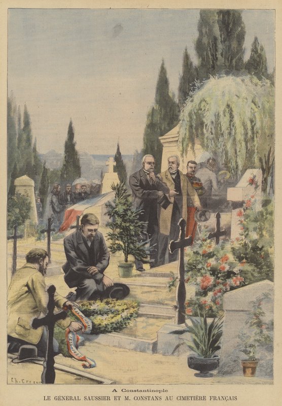General Saussier and French Ambassador Ernest Constans at the French cemetery in Constantinople (colour litho) 作者 法语学校
