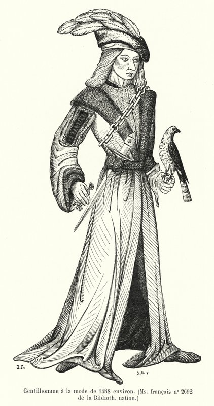 约1488年的时尚绅士（雕刻）。 作者 法语学校