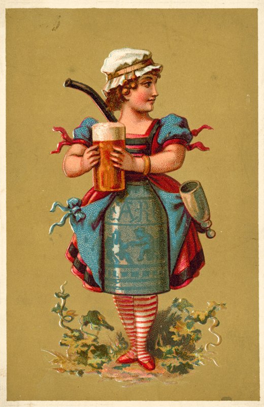 Girl holding a large glass of beer (chromolitho) 作者 法语学校