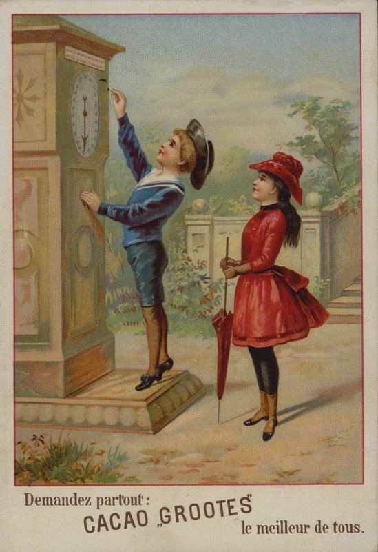 Girl watching a boy adjusting a clock (chromolitho) 作者 法语学校