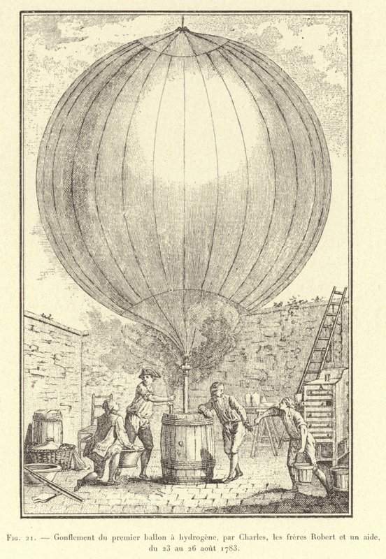 Gonflement du premier ballon a hydrogene, par Charles, les freres Robert et un aide, du 23 au 26 aout 1783 (engraving) 作者 法语学校