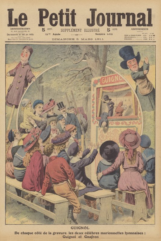 里昂演出中的法国著名木偶 Guignol 和 Gnafron（彩色石版画） 作者 法语学校