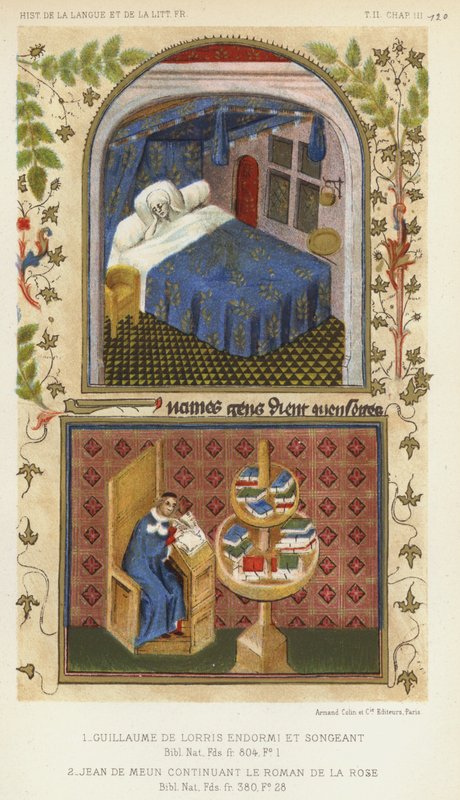 Guillaume De Lorris Asleep And Thinking, Jean De Meun Continuing Le Roman De La Rose (color litho) 作者 法语学校