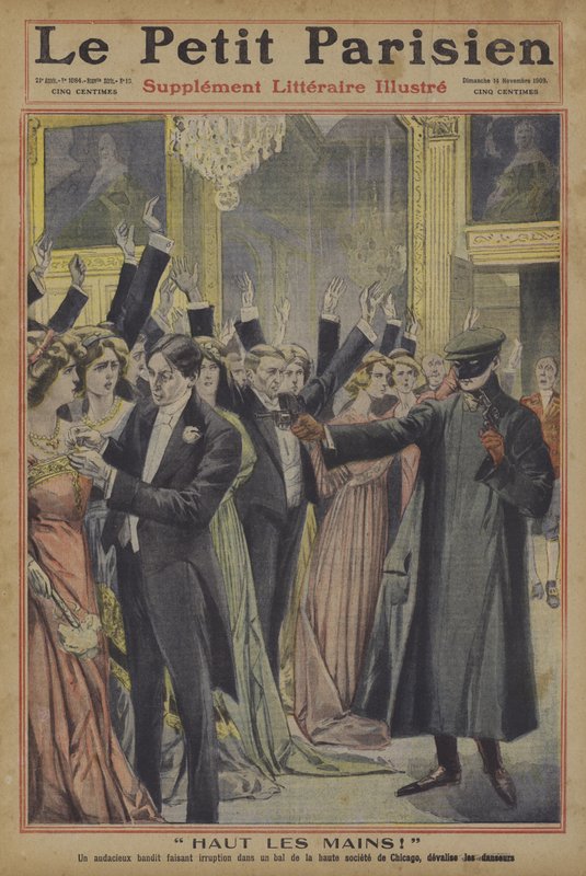Hands up! An audacious robber relieving guests at a society ball in Chicago of their jewellery (colour litho) 作者 法语学校