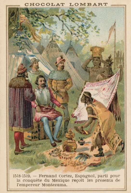 西班牙征服者埃尔南·科尔特斯（Hernan Cortes）收到了墨西哥阿兹台克皇帝蒙特苏马的礼物，1518-1519 作者 法语学校