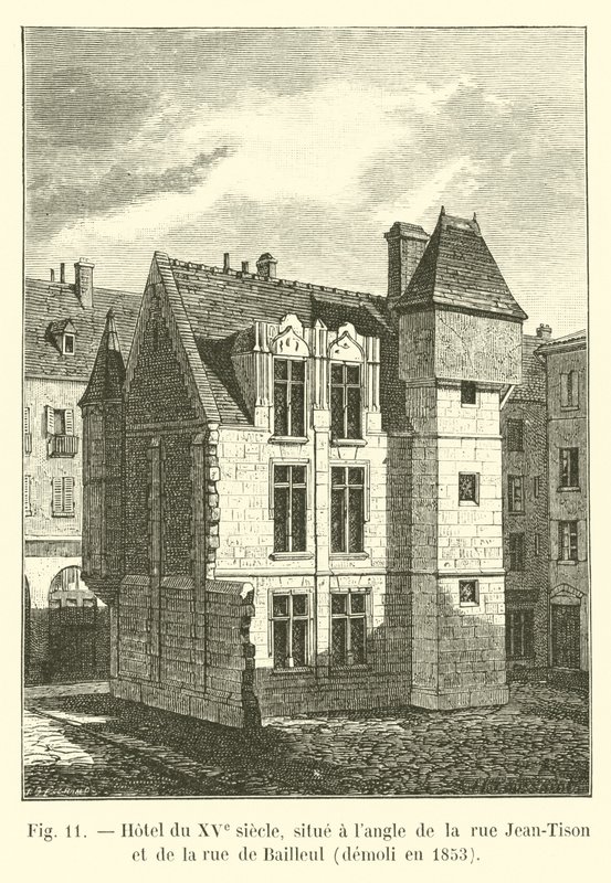 十五世纪的酒店，位于Rue-Jean-Rue和rue de Bailleul街的拐角处，于1853年拆除 作者 法语学校