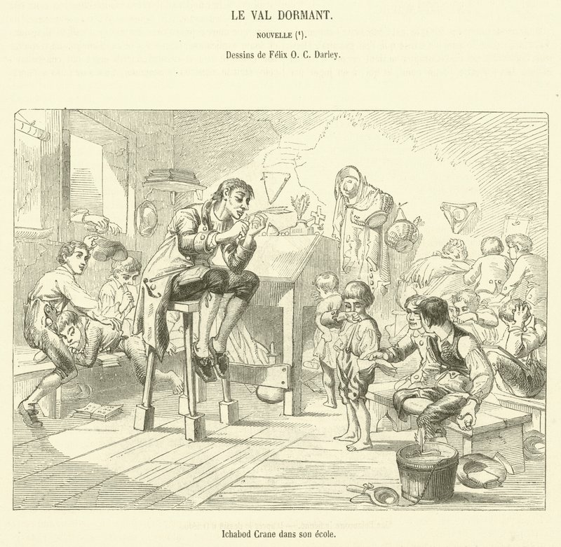Ichabod Crane 在他的学校 (雕刻) 作者 法语学校