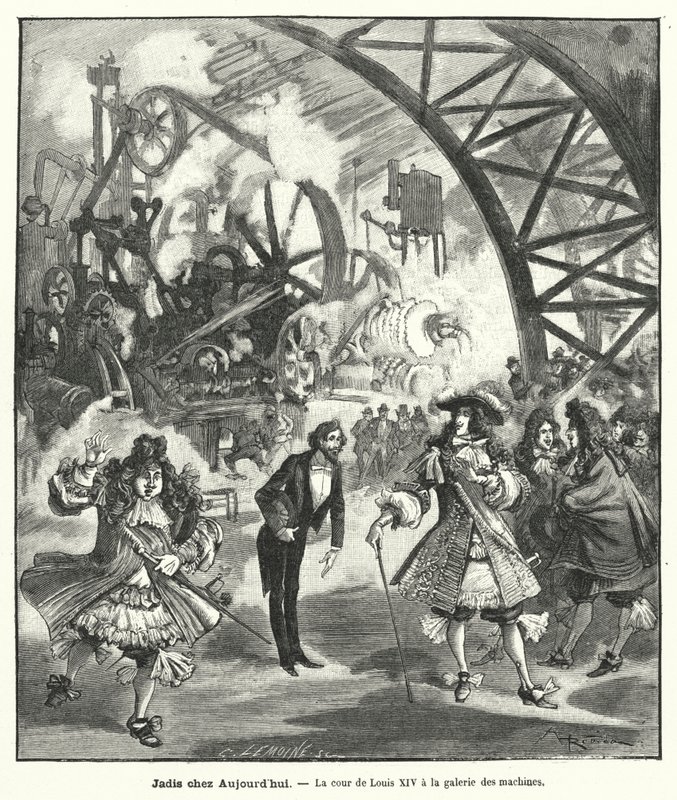 想象中的路易十四国王和他的宫廷对1889年巴黎世界博览会上的机器馆的访问（雕刻）。 作者 法语学校