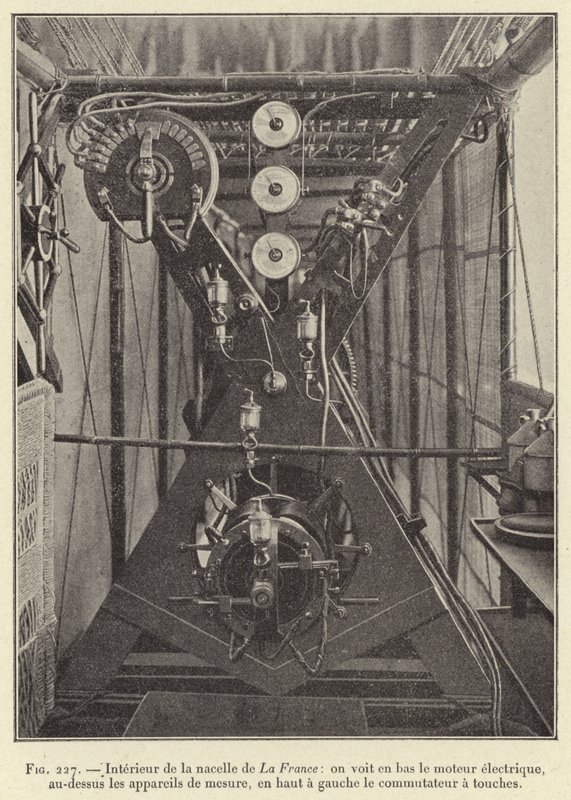 Interieur de la nacelle de La France: on voit en bas le moteur electrique, au-dessus les appareils de mesure, en haut a gauche le commutateur a touches (engraving) 作者 法语学校