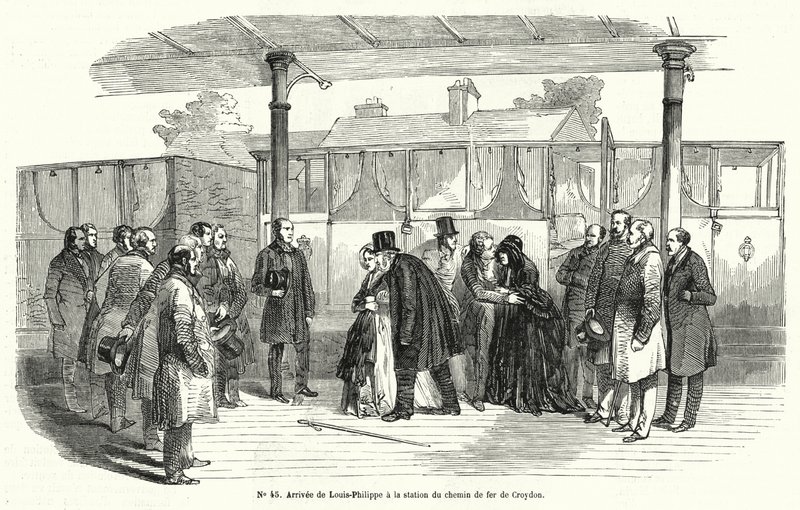 法国国王路易-菲利普在被迫流亡后抵达克罗伊登火车站，1848年2月（雕刻）。 作者 法语学校