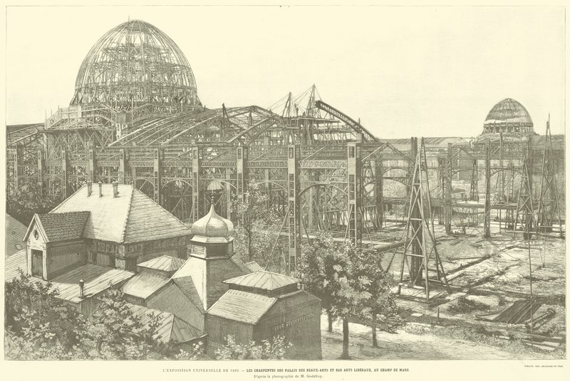 1889年的世界博览会，位于Champ de Mars的Palais des Beaux-Arts et des Arts Liberaux的Charpentes，来自M Godefroy的照片（雕刻）。 作者 法语学校