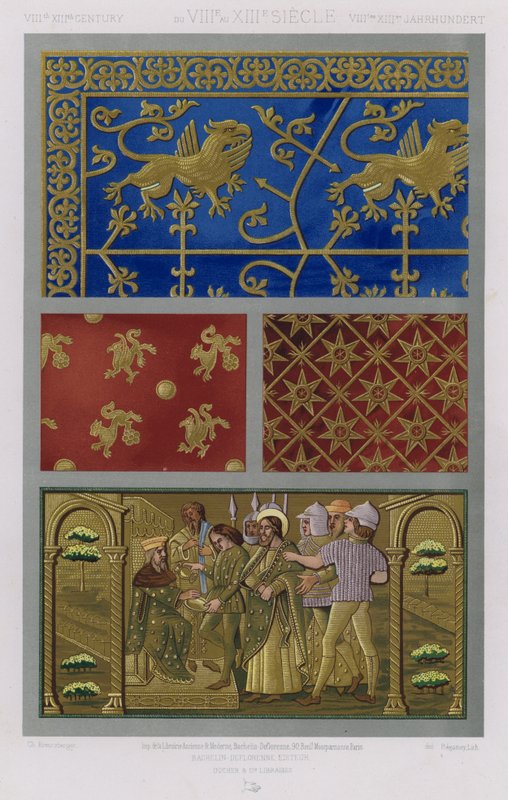 织物装饰：VIIIth XIIIth Century，从 VIIIth 到 XIIIth Century，VIIItes XIIItes Jahrhunder（彩色石版画） 作者 法语学校