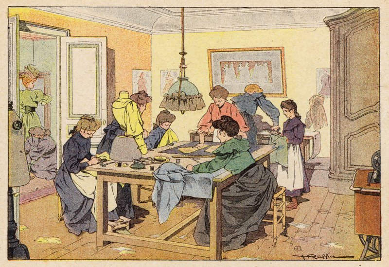 La Couturiere, The Couturier (彩色石版画) 作者 法语学校