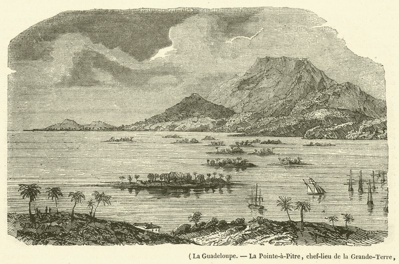 瓜德罗普岛，La Pointe-a-Pitre，Grand-Terre的主要城镇，部分被1843年2月8日的地震摧毁（雕刻）。 作者 法语学校