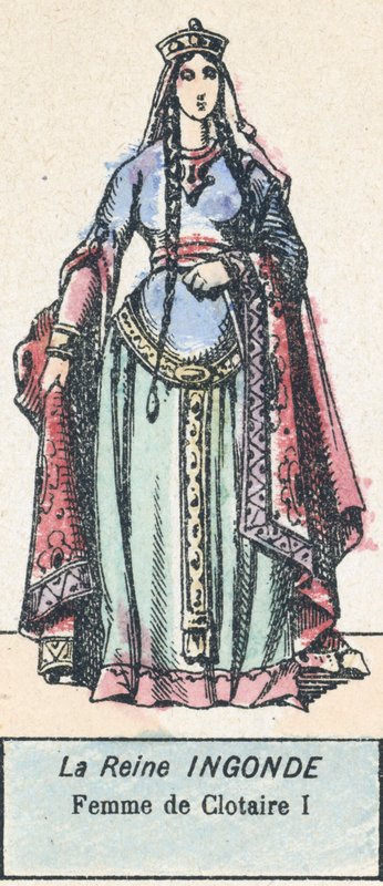 英贡达女王，克洛泰尔一世的妻子（彩色雕刻）。 作者 法语学校