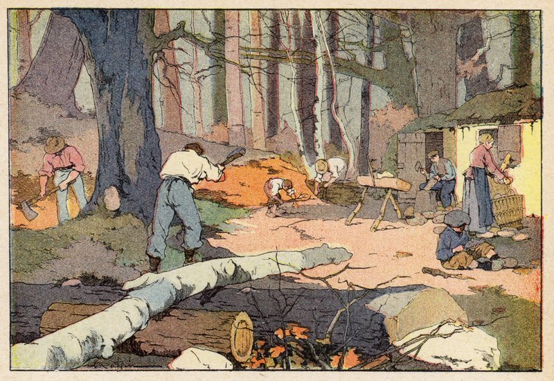 Le Bucheron、Le Sabotier、樵夫、木屐制造者（彩色石版画） 作者 法语学校