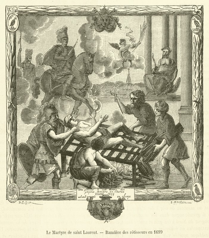 圣劳伦斯的殉难，1699年的Banniere des rotisseurs（雕版画）。 作者 法语学校