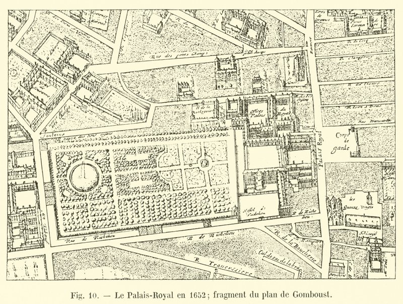皇宫（Palais-Royal）于1652年; Gomboust计划的片段 作者 法语学校