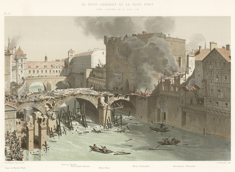 The Petit-Chatelet和Petit-Pont，1718年4月27日的火灾后 作者 法语学校
