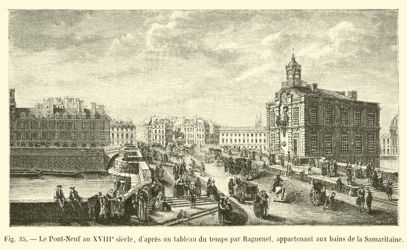 18世纪的Pont-Neuf，来自Raguenet的时间画，属于Samaritaine的浴室 作者 法语学校