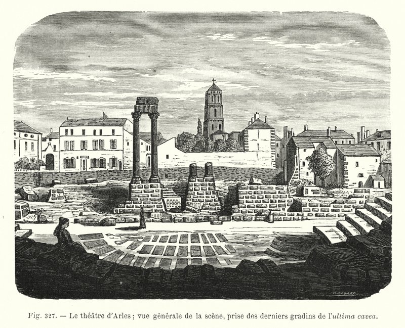 阿尔勒剧院； 场景的一般视图，取自 ultima Cavea 的最后一步（雕刻） 作者 法语学校