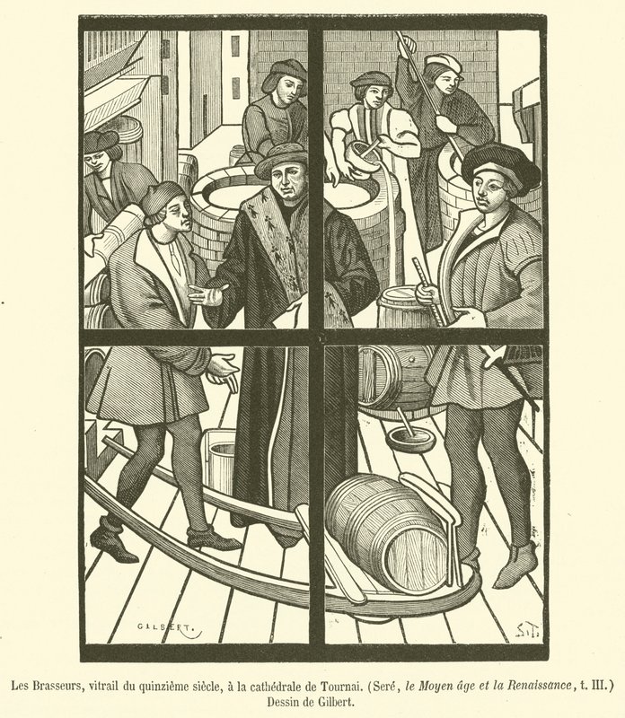 Les Brasseurs，十五世纪的彩色玻璃窗，位于图尔奈大教堂（雕刻） 作者 法语学校