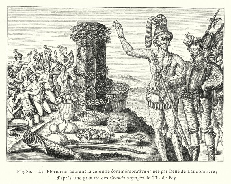 佛罗里达人崇拜由雷内·德·劳东尼埃 (Rene de Laudonniere) 竖立的纪念柱； 来自 Th de Bry
