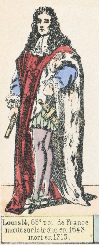 路易14，法国第65任国王，1643年登基，1715年去世（彩绘版画 作者 法语学校