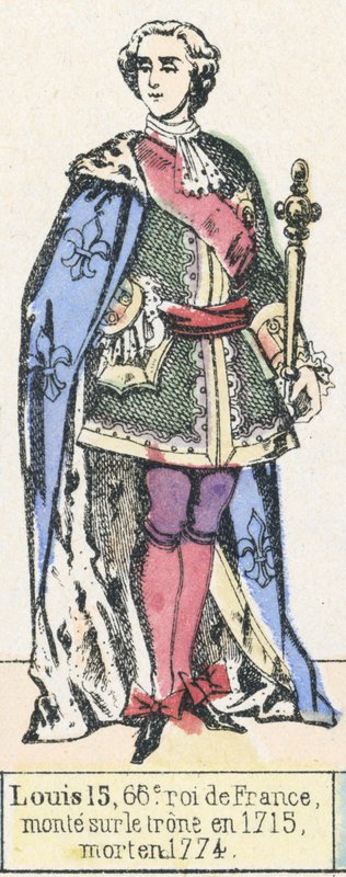 路易15，法国第66任国王，1715年登基，1774年去世（彩色雕刻）。 作者 法语学校