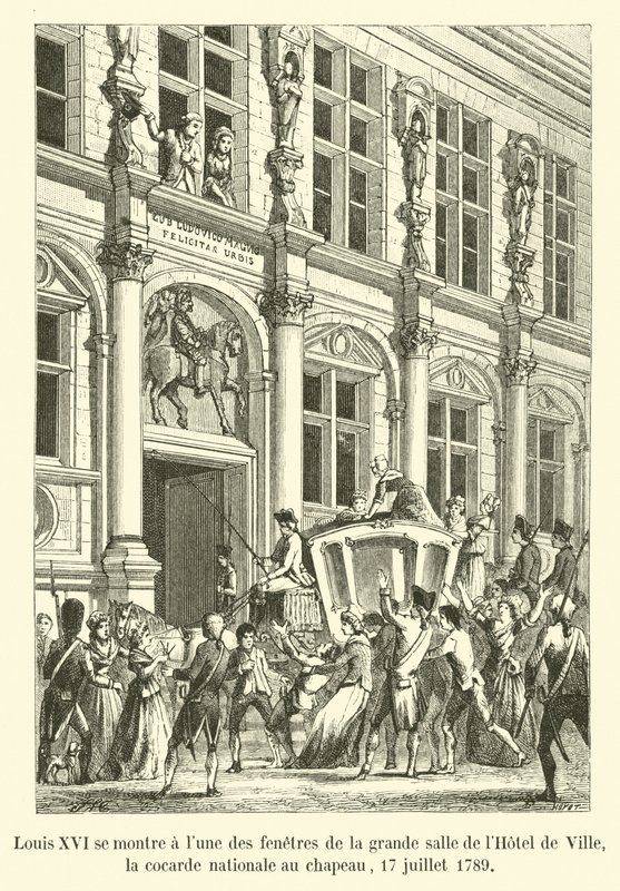 路易十六在1789年7月17日戴帽子的国家帽徽酒店的大厅的一个窗户上露面 作者 法语学校