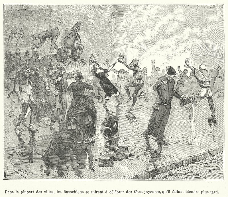 Basaoche 的成员，法律文员行会，在中世纪法国小镇的街道上庆祝节日（版画） 作者 法语学校