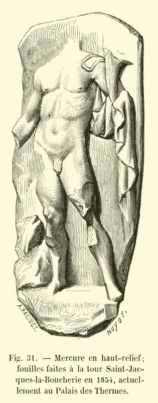 高浮雕的汞; 1854年在Saint-Jacques-la-Boucherie塔楼进行的挖掘，目前在Palais des Thermes 作者 法语学校