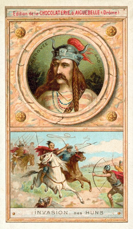 Merovech, king of the Salian Franks, and the invasion of the Huns, 451 (chromolitho) 作者 法语学校
