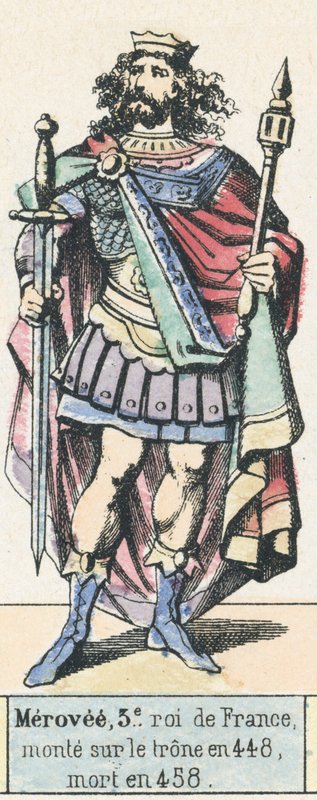 Merovee, 3e roi de France, monte sur le trone en 448, mort en 458 (coloured engraving) 作者 法语学校